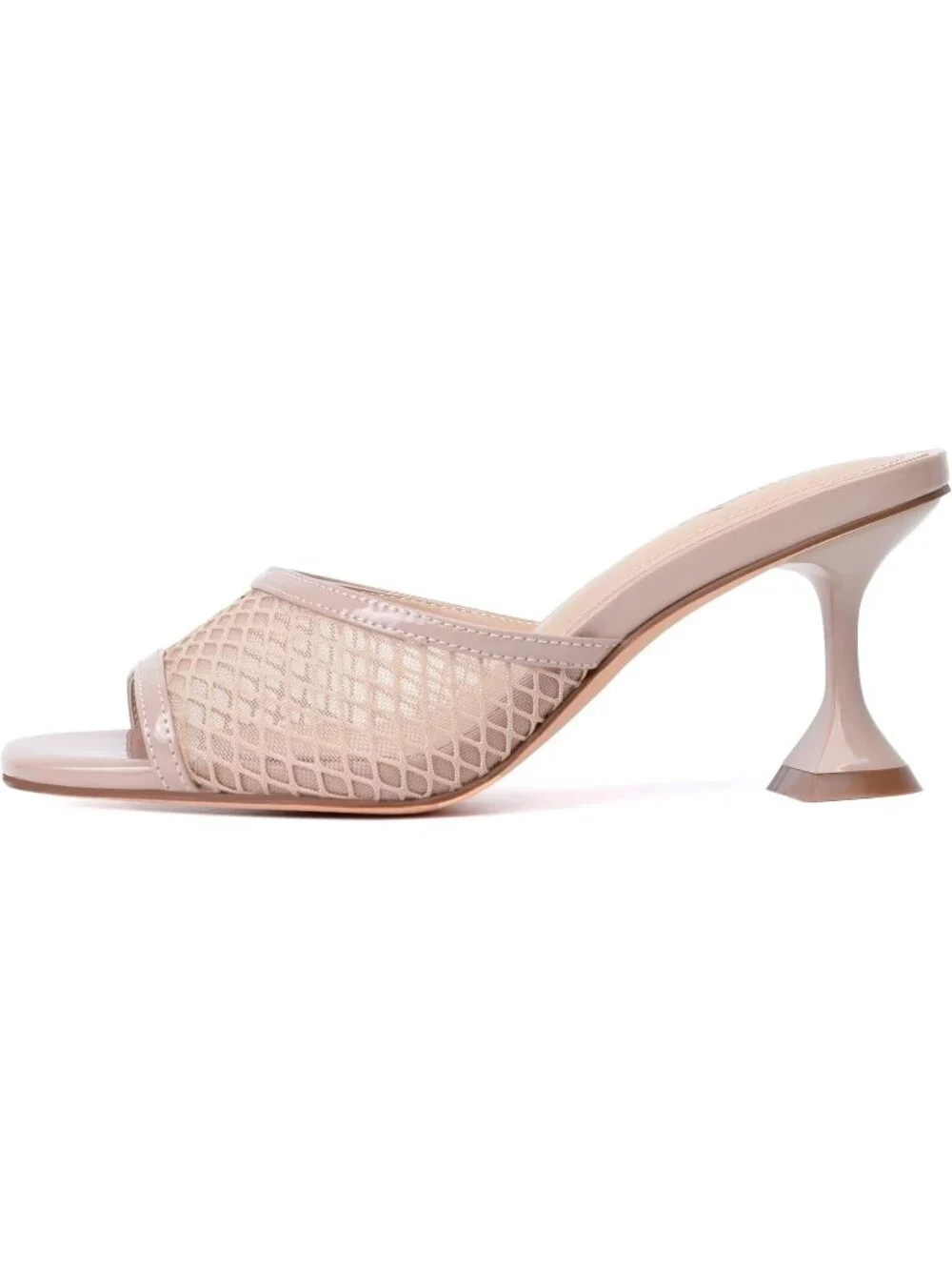 Women's Nude Mesh Stylish Square Open Toe Slip on Heeled Slides Mules Sandals